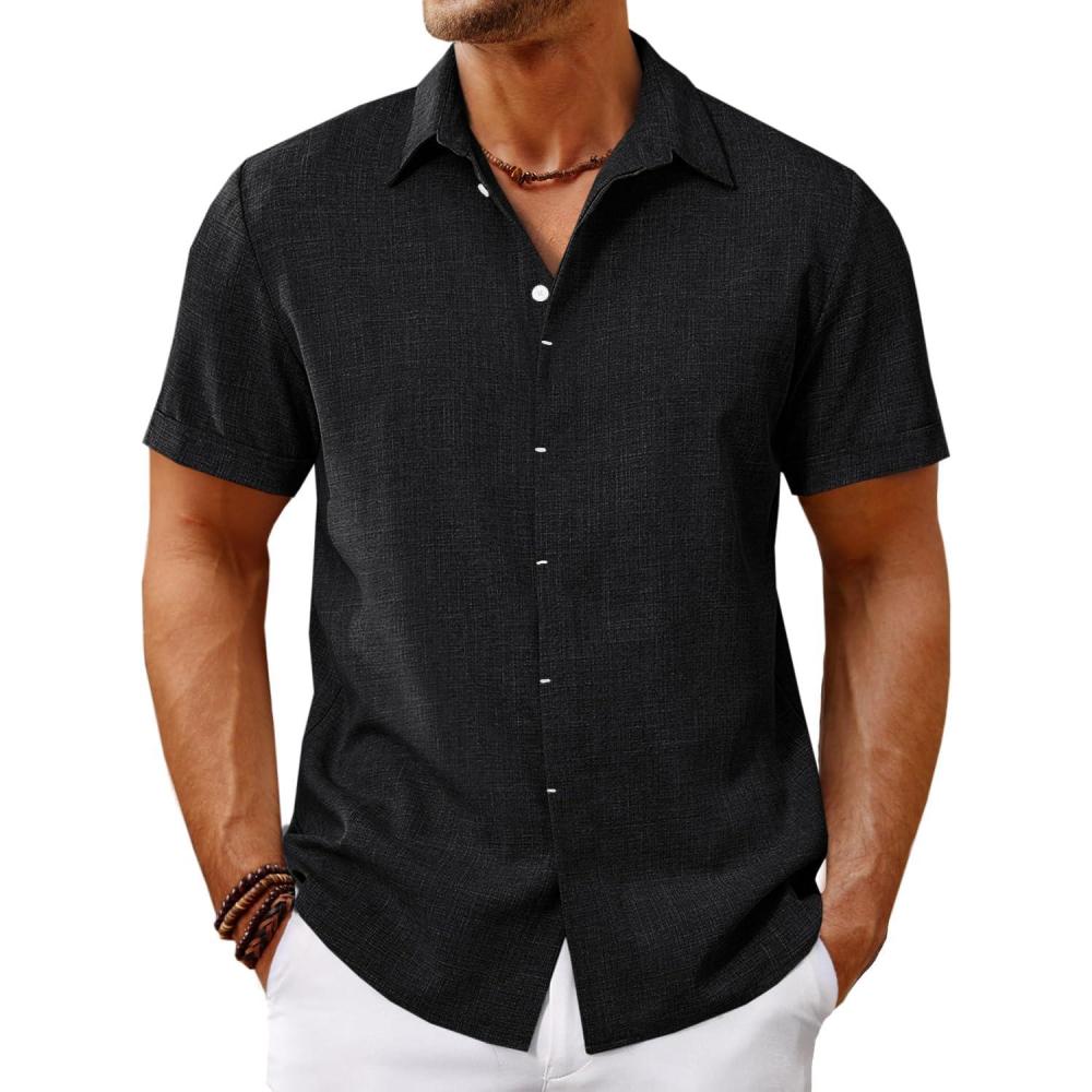 imageRuncati Mens Short Sleeve Linen Shirts Button Down Casual Texture Summer Beach Wedding TopsBlack