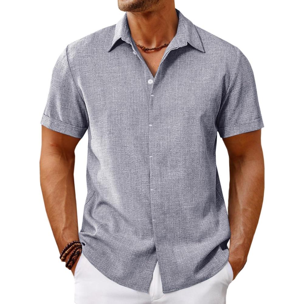 imageRuncati Mens Short Sleeve Linen Shirts Button Down Casual Texture Summer Beach Wedding TopsGray