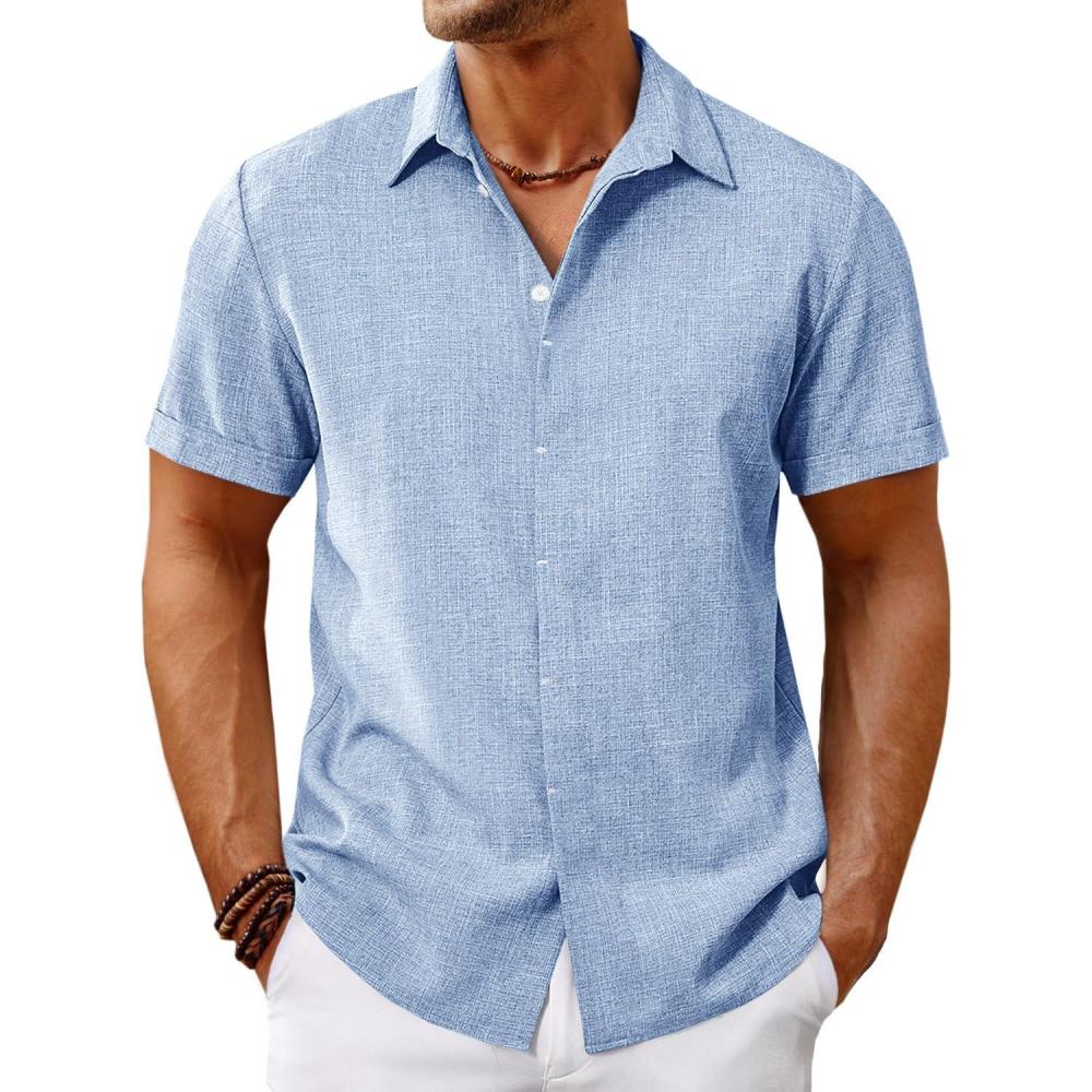 imageRuncati Mens Short Sleeve Linen Shirts Button Down Casual Texture Summer Beach Wedding TopsLight Blue