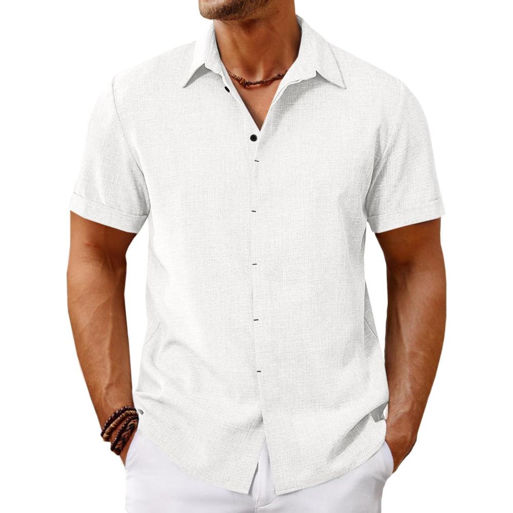 imageRuncati Mens Short Sleeve Linen Shirts Button Down Casual Texture Summer Beach Wedding TopsWhite