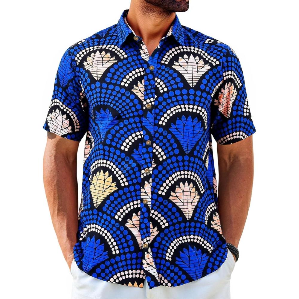 imageRuncati Mens Short Sleeve Shirts Button Down African Traditional Pattern Dashiki Shirt Casual Vintage Floral Hippie TopsBlue