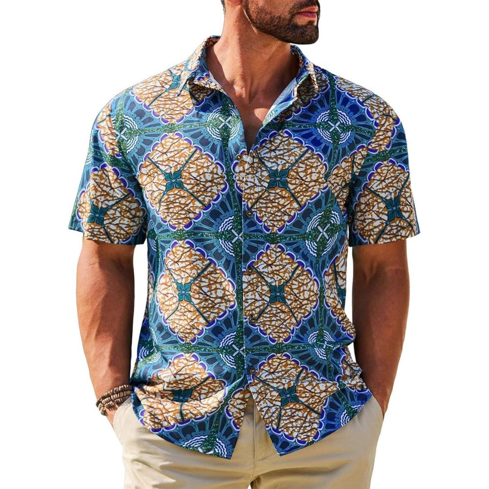 imageRuncati Mens Short Sleeve Shirts Button Down African Traditional Pattern Dashiki Shirt Casual Vintage Floral Hippie TopsDark Green