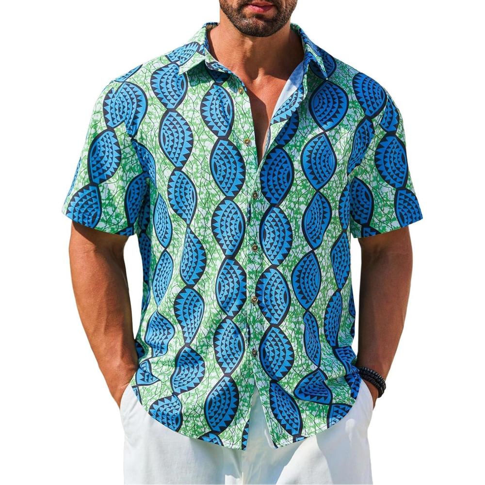 imageRuncati Mens Short Sleeve Shirts Button Down African Traditional Pattern Dashiki Shirt Casual Vintage Floral Hippie TopsLake Blue