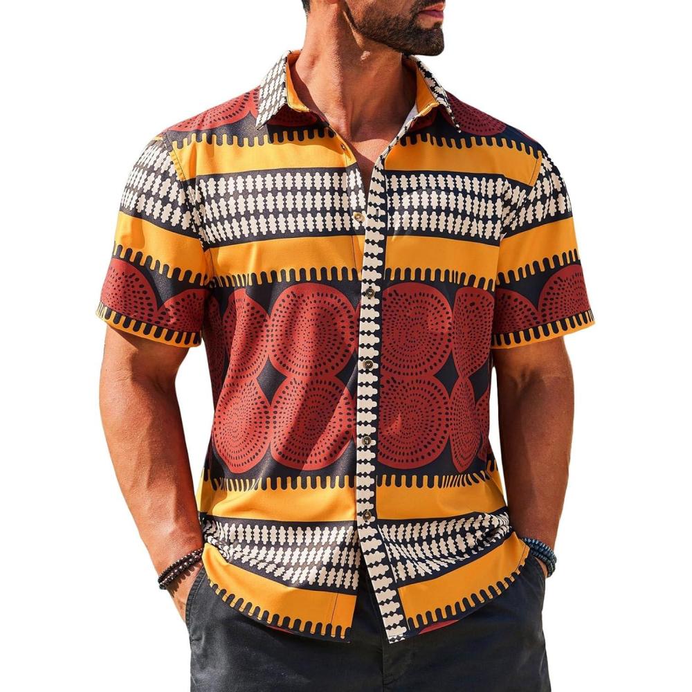 imageRuncati Mens Short Sleeve Shirts Button Down African Traditional Pattern Dashiki Shirt Casual Vintage Floral Hippie TopsYellow