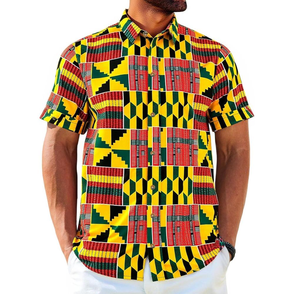 imageRuncati Mens Short Sleeve Shirts Button Down African Traditional Pattern Dashiki Shirt Casual Vintage Floral Hippie TopsYellow Green