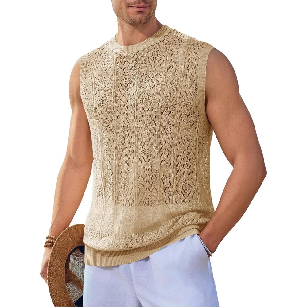 imageRuncati Mens Sleeveless Crewneck Tank Top Casual Mesh Hollow Out Cotton Knit Summer Beach T ShirtBeige