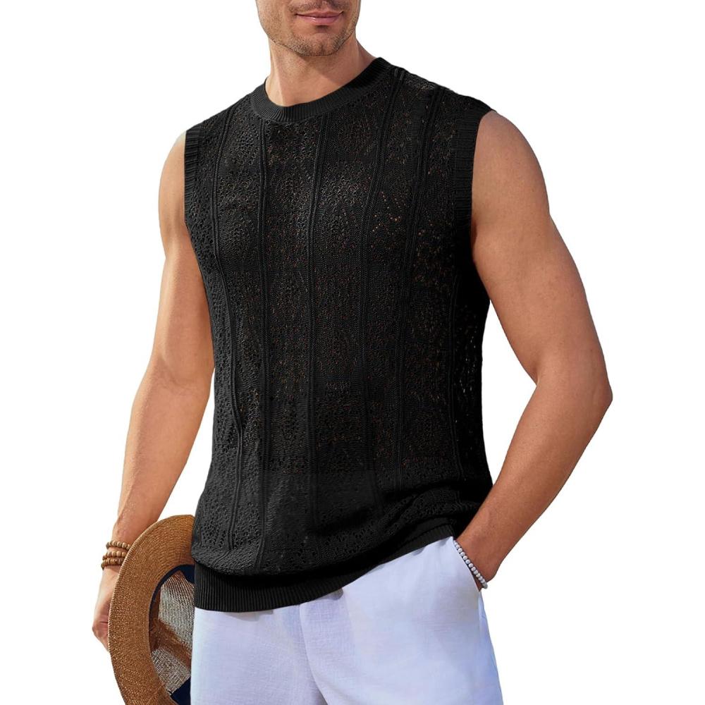 imageRuncati Mens Sleeveless Crewneck Tank Top Casual Mesh Hollow Out Cotton Knit Summer Beach T ShirtBlack