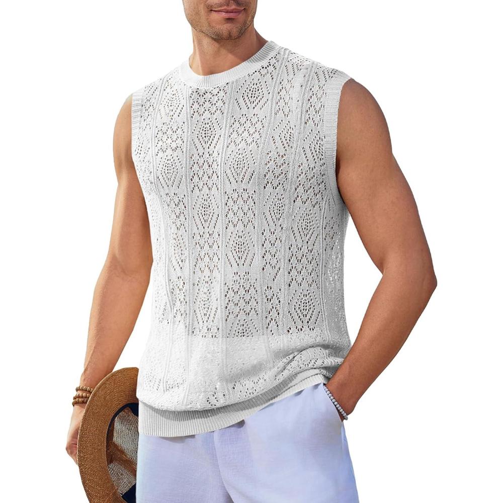 imageRuncati Mens Sleeveless Crewneck Tank Top Casual Mesh Hollow Out Cotton Knit Summer Beach T ShirtWhite