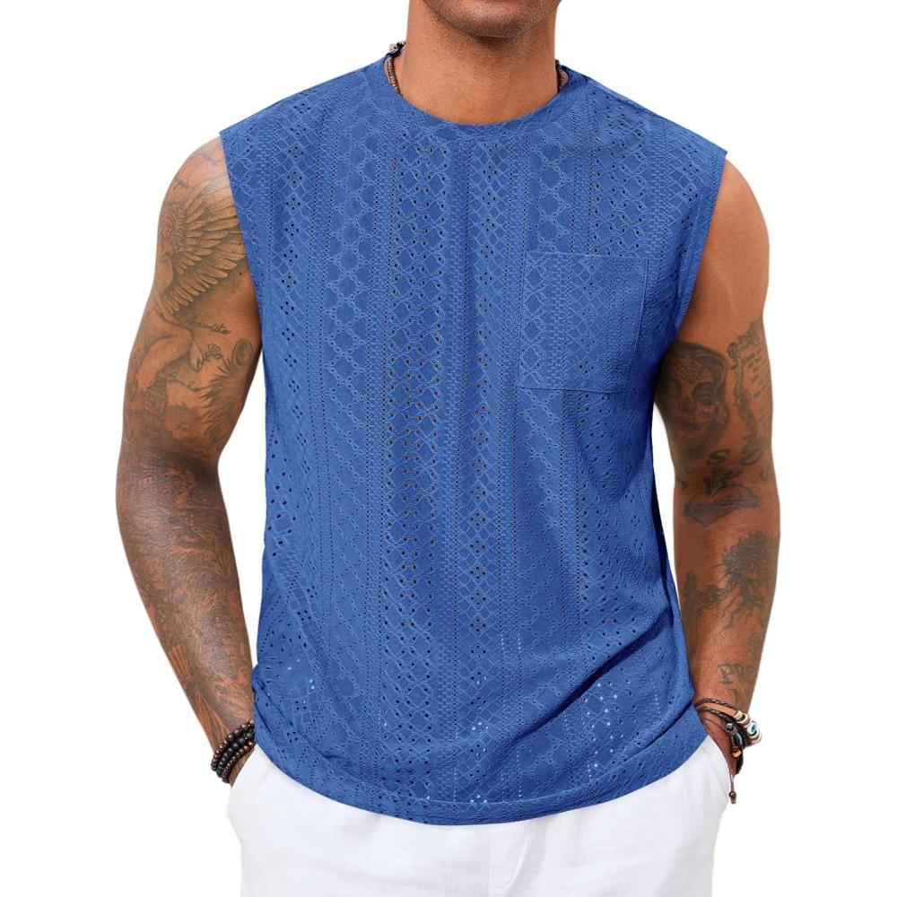 imageRuncati Mens Sleeveless Tank Tops Casual Hollow Out Knit T Shirts Beach Summer Hippie Tops with PocketBlue