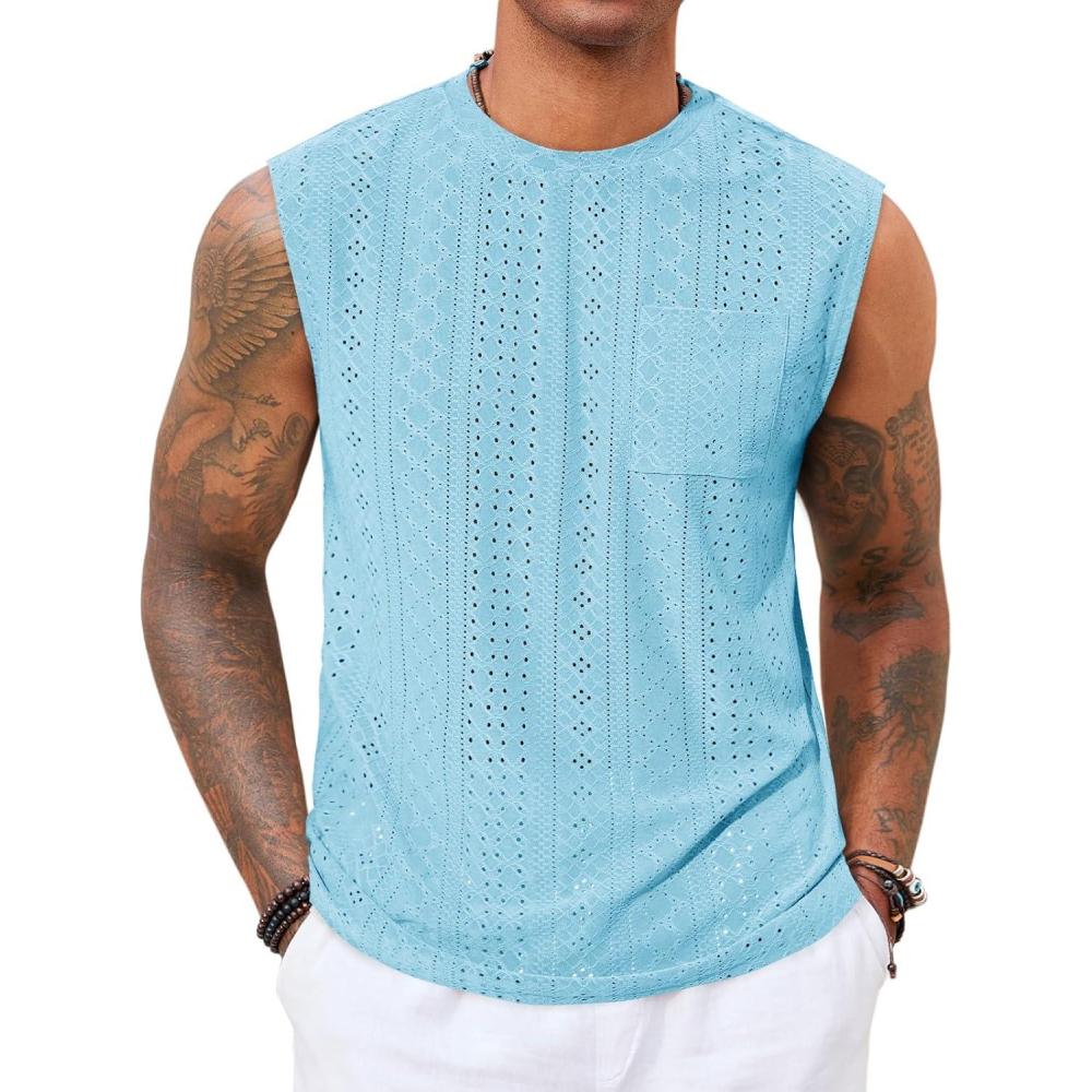 imageRuncati Mens Sleeveless Tank Tops Casual Hollow Out Knit T Shirts Beach Summer Hippie Tops with PocketLight Blue