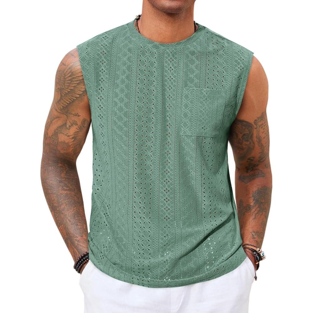 imageRuncati Mens Sleeveless Tank Tops Casual Hollow Out Knit T Shirts Beach Summer Hippie Tops with PocketPea Green