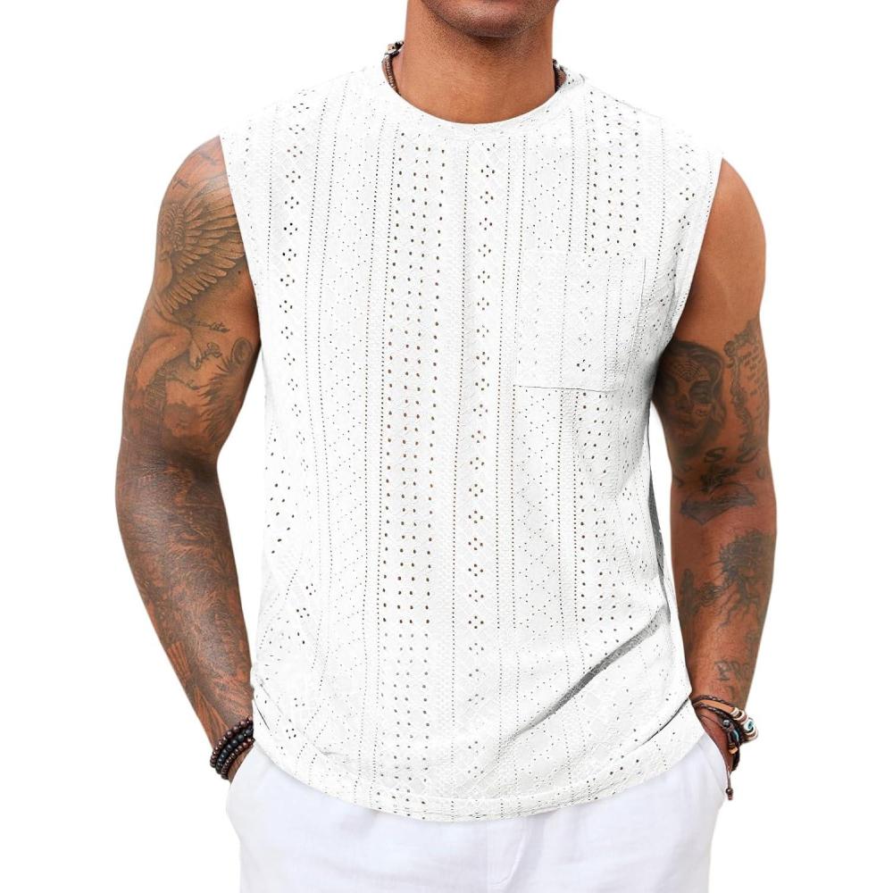 imageRuncati Mens Sleeveless Tank Tops Casual Hollow Out Knit T Shirts Beach Summer Hippie Tops with PocketWhite