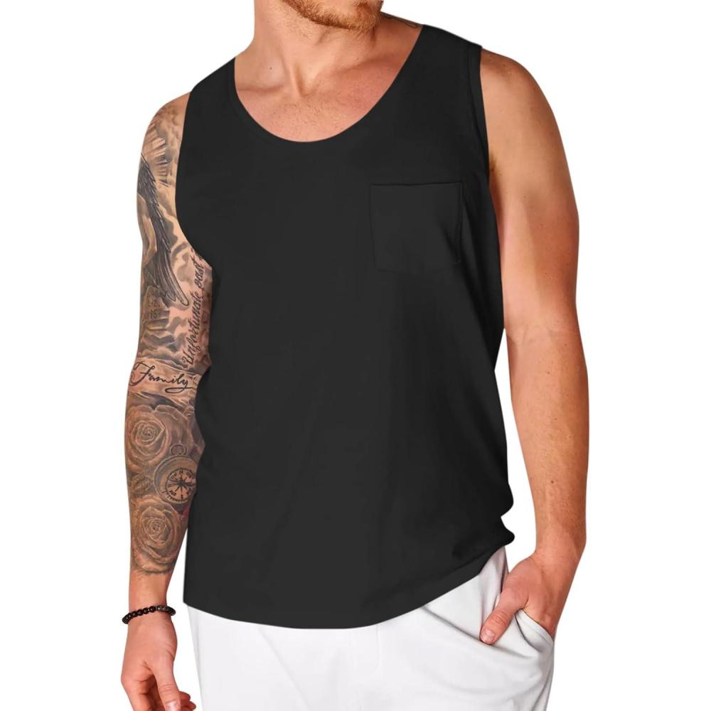 imageRuncati Mens Sleeveless Tank Tops Crewneck Workout Gym Cotton Muscle Pocket T ShirtBlack