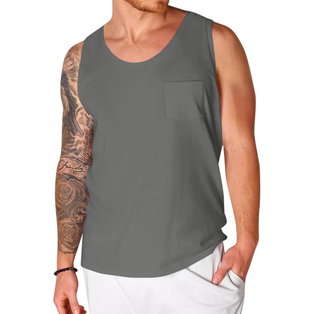 imageRuncati Mens Sleeveless Tank Tops Crewneck Workout Gym Cotton Muscle Pocket T ShirtDark Grey