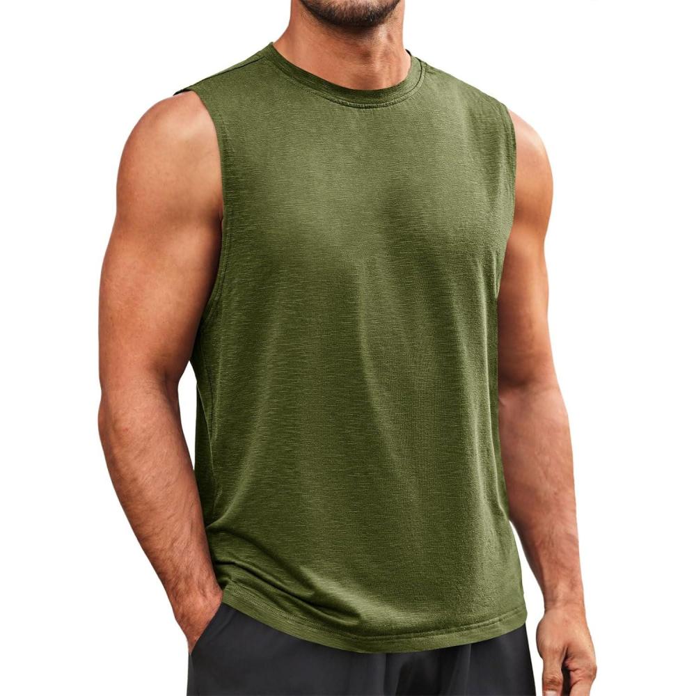 imageRuncati Mens Sleeveless Tank Tops Workout Athletic Muscle Shirt Casual Summer Beach T ShirtsArmy Green