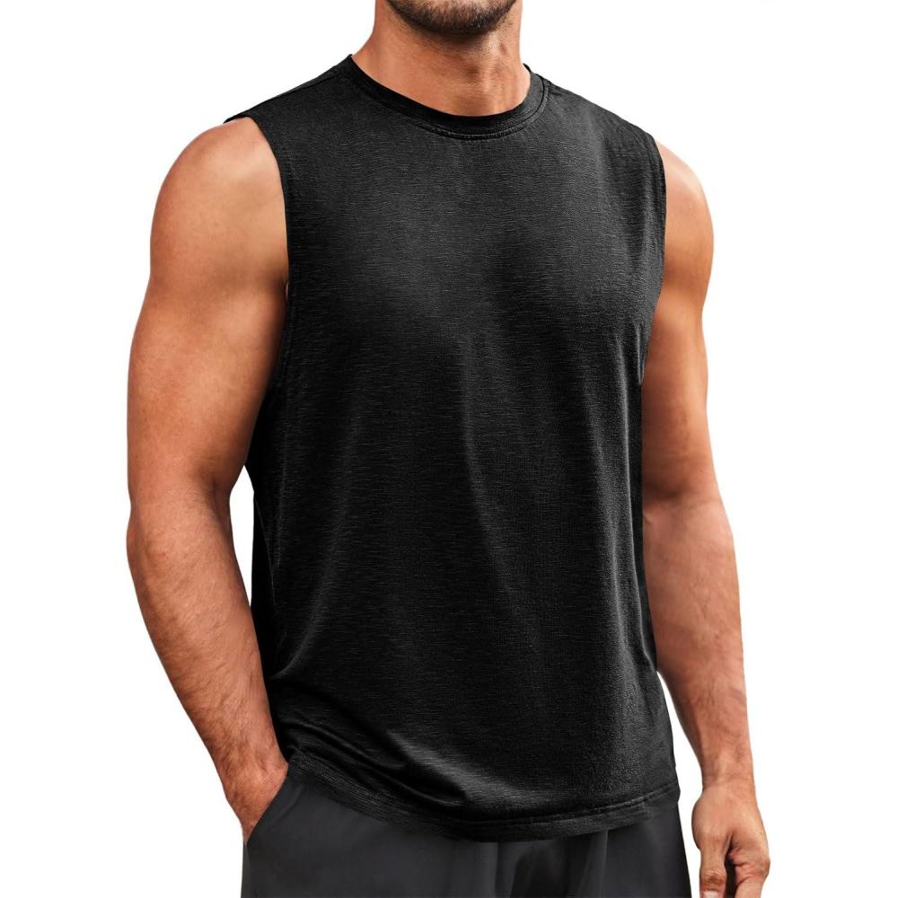 imageRuncati Mens Sleeveless Tank Tops Workout Athletic Muscle Shirt Casual Summer Beach T ShirtsBlack