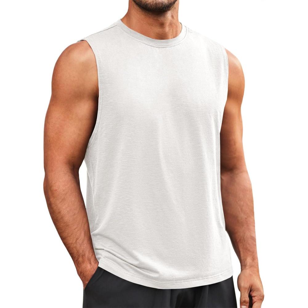 imageRuncati Mens Sleeveless Tank Tops Workout Athletic Muscle Shirt Casual Summer Beach T ShirtsWhite