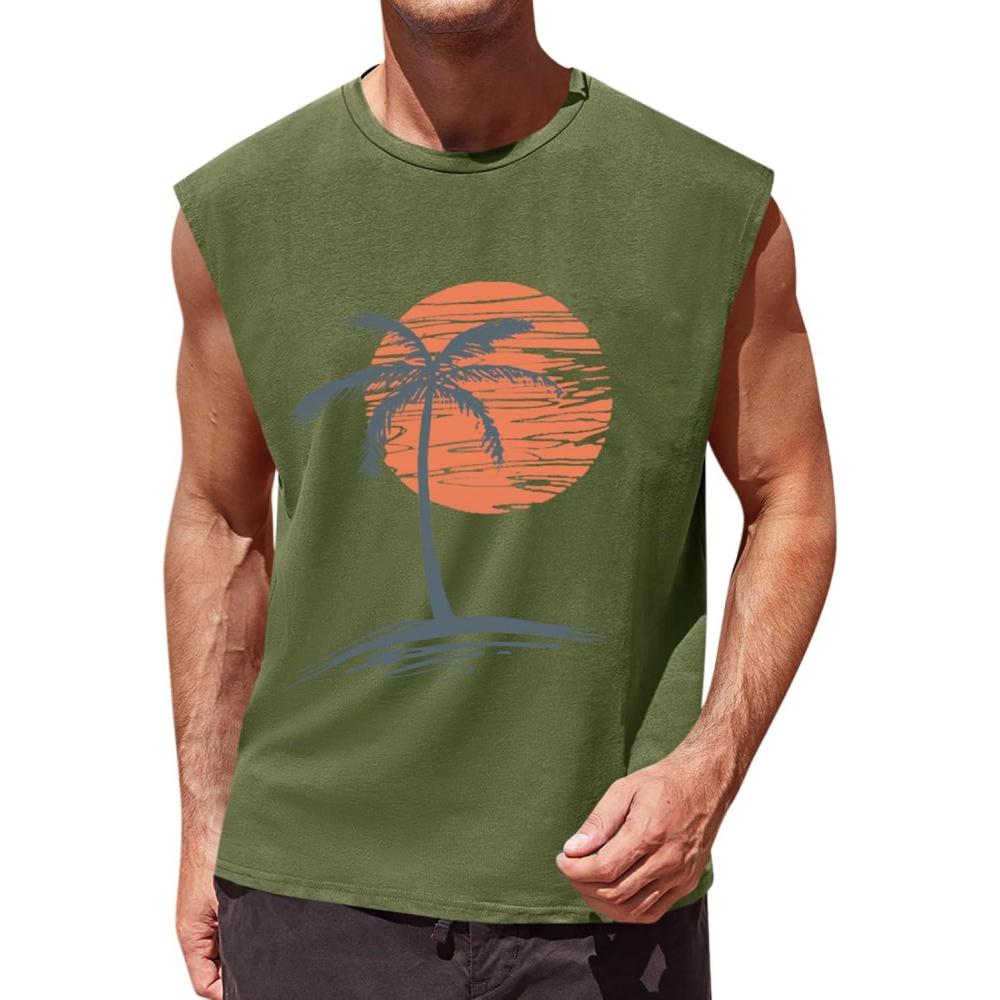 imageRuncati Mens Sleeveless Tank Tops Workout Gym Muscle Shirts Palm Tree Vintage Hawaiian Summer Beach T ShirtsArmy Green