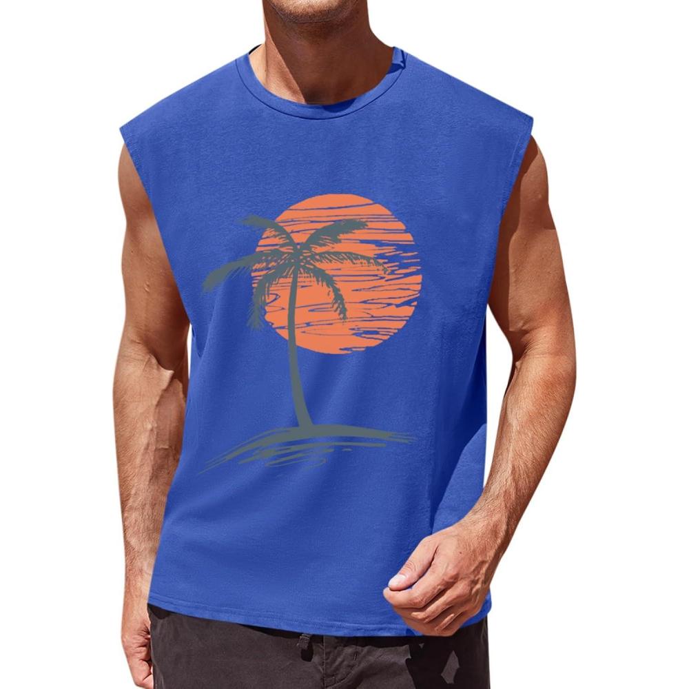 imageRuncati Mens Sleeveless Tank Tops Workout Gym Muscle Shirts Palm Tree Vintage Hawaiian Summer Beach T ShirtsBlue