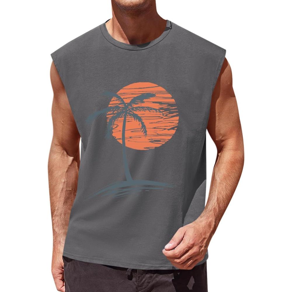 imageRuncati Mens Sleeveless Tank Tops Workout Gym Muscle Shirts Palm Tree Vintage Hawaiian Summer Beach T ShirtsDark Gray