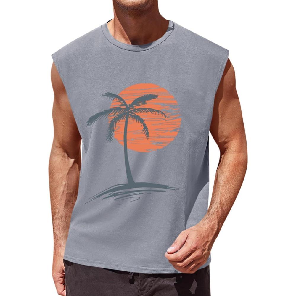 imageRuncati Mens Sleeveless Tank Tops Workout Gym Muscle Shirts Palm Tree Vintage Hawaiian Summer Beach T ShirtsGray