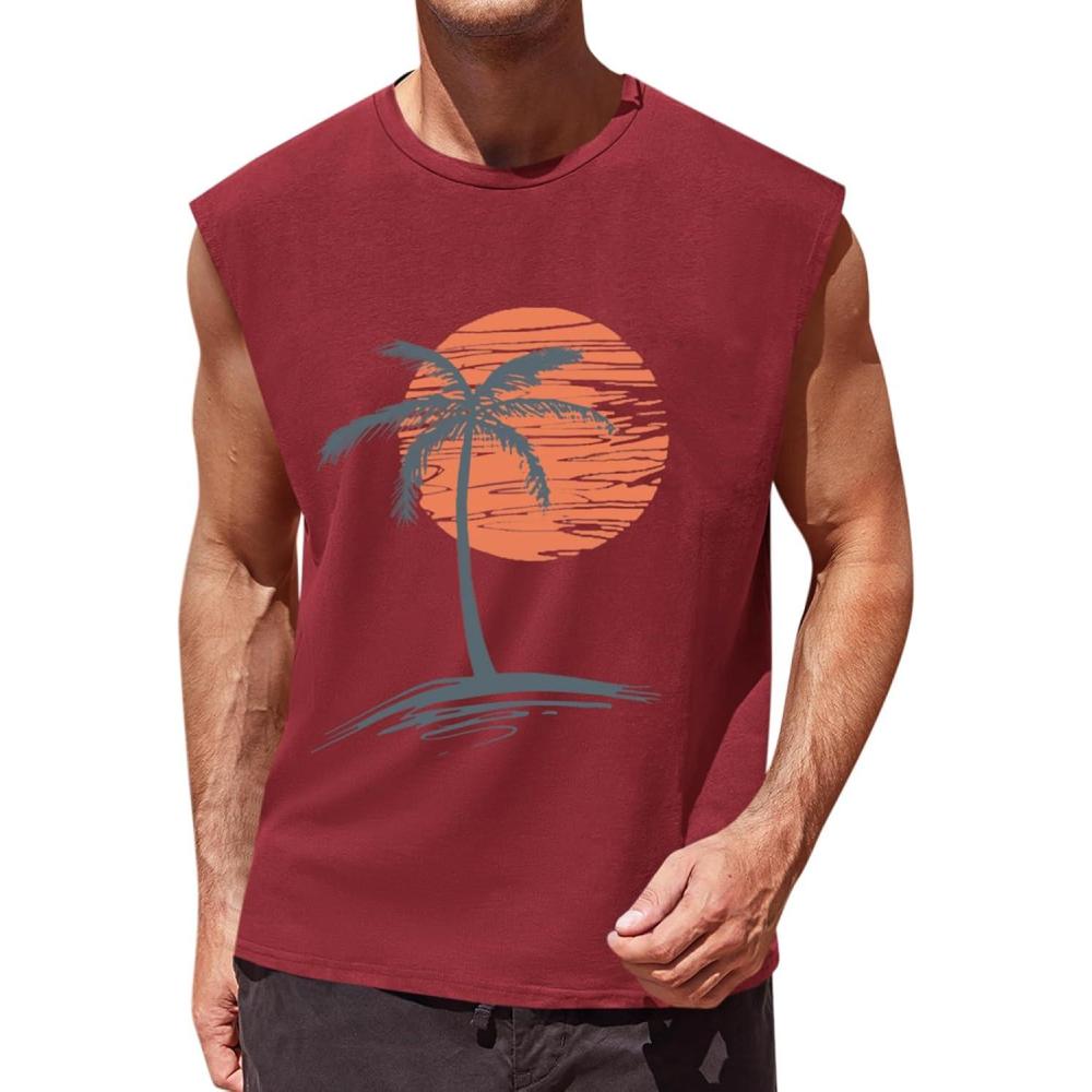 imageRuncati Mens Sleeveless Tank Tops Workout Gym Muscle Shirts Palm Tree Vintage Hawaiian Summer Beach T ShirtsRed