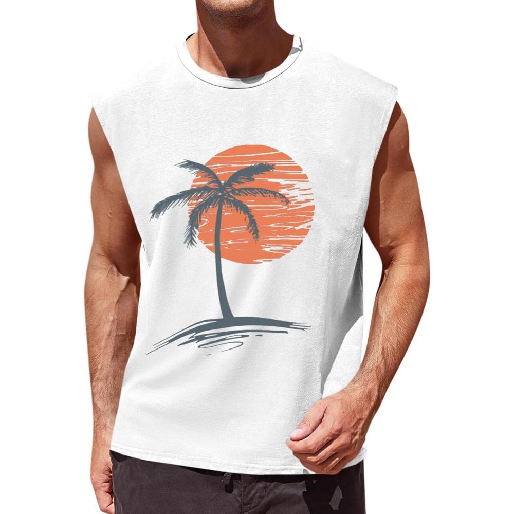 imageRuncati Mens Sleeveless Tank Tops Workout Gym Muscle Shirts Palm Tree Vintage Hawaiian Summer Beach T ShirtsWhite