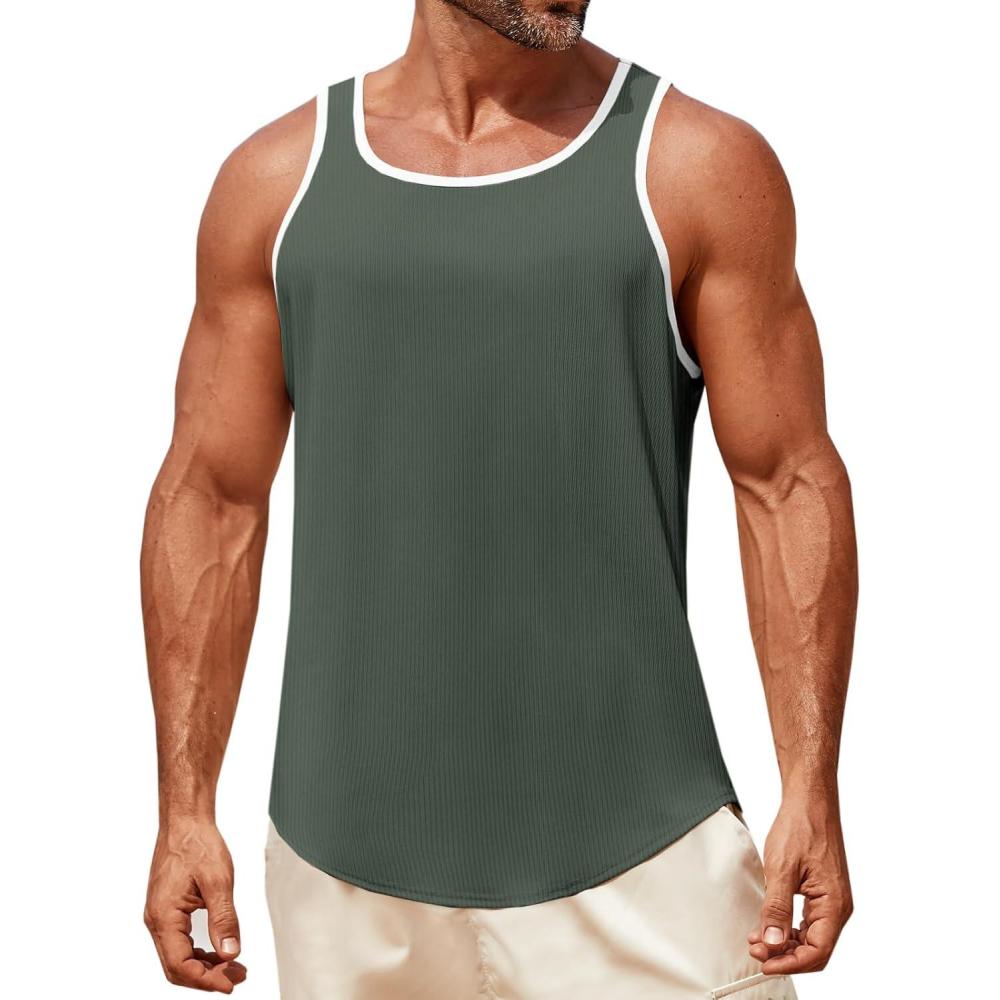 imageRuncati Mens Sleeveless Tank Tops Workout Muscle Gym Knitted Shirt Athletic Bodybuilding Slim Fit Ribbed T ShirtsArmy Green