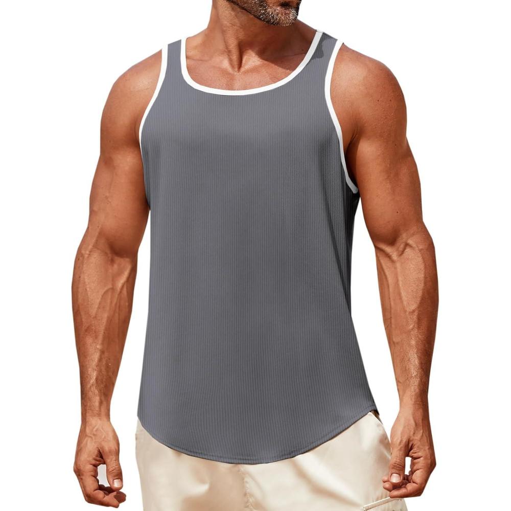imageRuncati Mens Sleeveless Tank Tops Workout Muscle Gym Knitted Shirt Athletic Bodybuilding Slim Fit Ribbed T ShirtsDark Gray