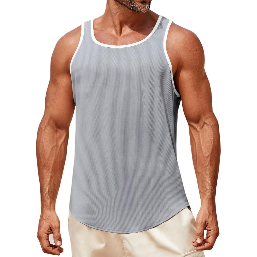 imageRuncati Mens Sleeveless Tank Tops Workout Muscle Gym Knitted Shirt Athletic Bodybuilding Slim Fit Ribbed T ShirtsGray