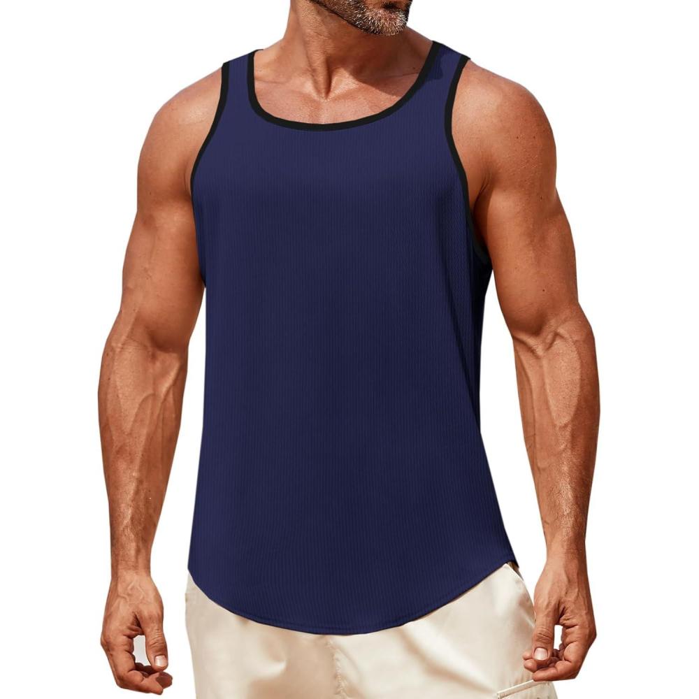 imageRuncati Mens Sleeveless Tank Tops Workout Muscle Gym Knitted Shirt Athletic Bodybuilding Slim Fit Ribbed T ShirtsNavy