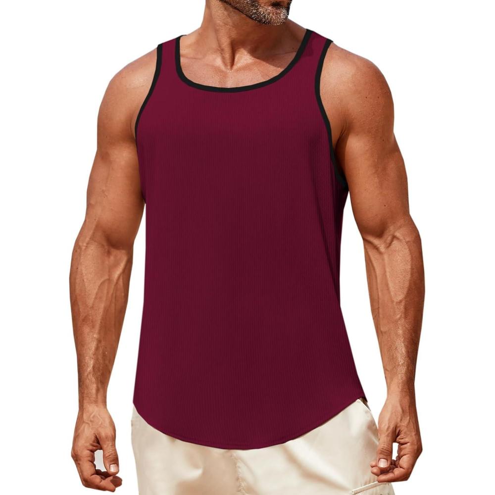 imageRuncati Mens Sleeveless Tank Tops Workout Muscle Gym Knitted Shirt Athletic Bodybuilding Slim Fit Ribbed T ShirtsWine Red