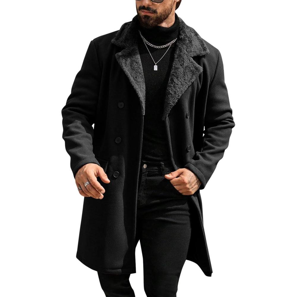 imageRuncati Mens Trench Coat Double Breasted Notched Collar Fleece Jacket Slim Fit Fall Winter Fuzzy Pea Coats Warm OvercoatBlack