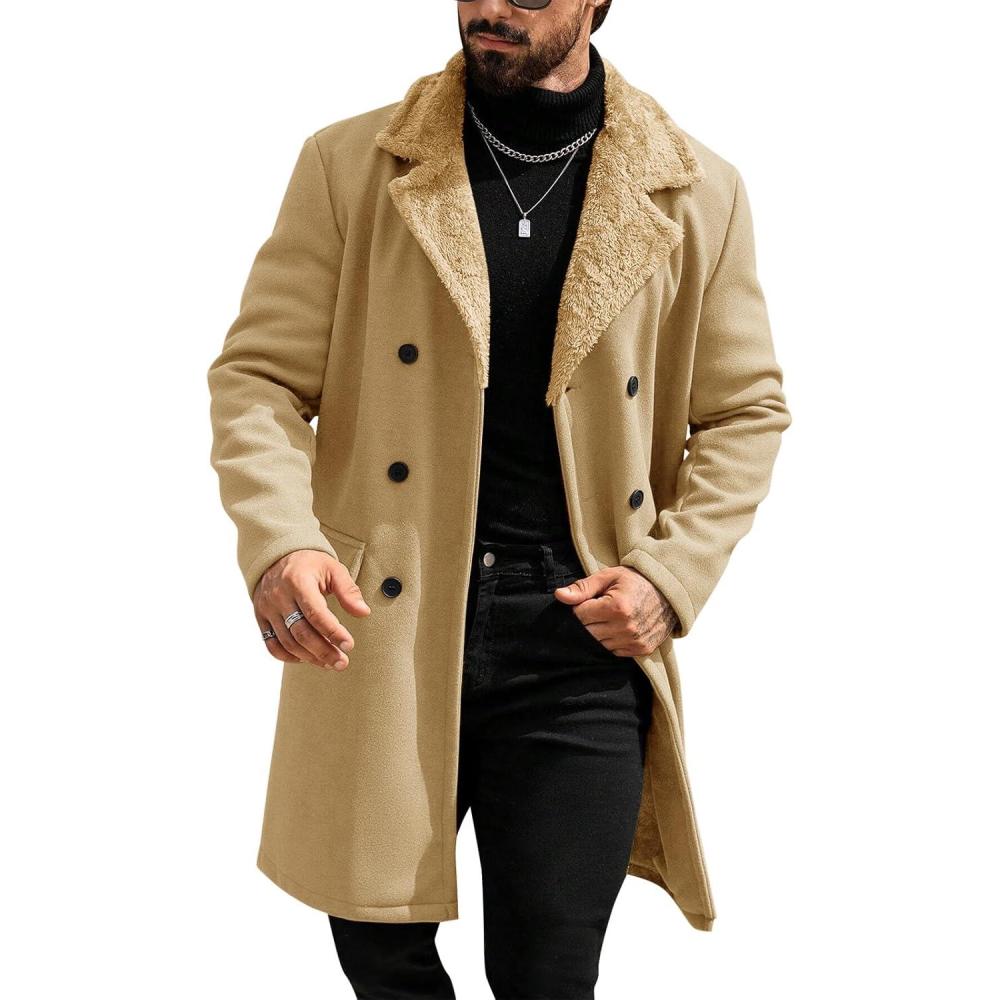 imageRuncati Mens Trench Coat Double Breasted Notched Collar Fleece Jacket Slim Fit Fall Winter Fuzzy Pea Coats Warm OvercoatKhaki