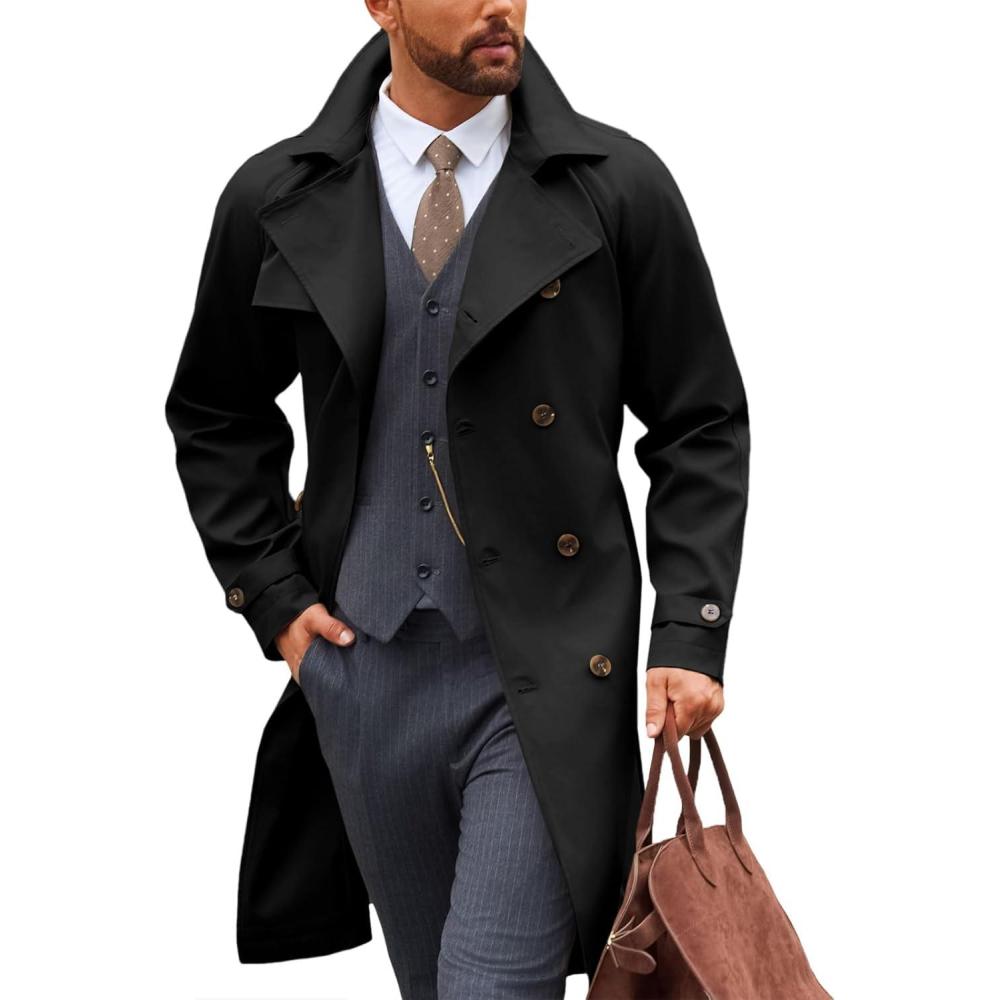 imageRuncati Mens Trench Coat Double Breasted Notched Lapel Casual Belted Windbreaker Fall Classic Long Jacket OvercoatBlack
