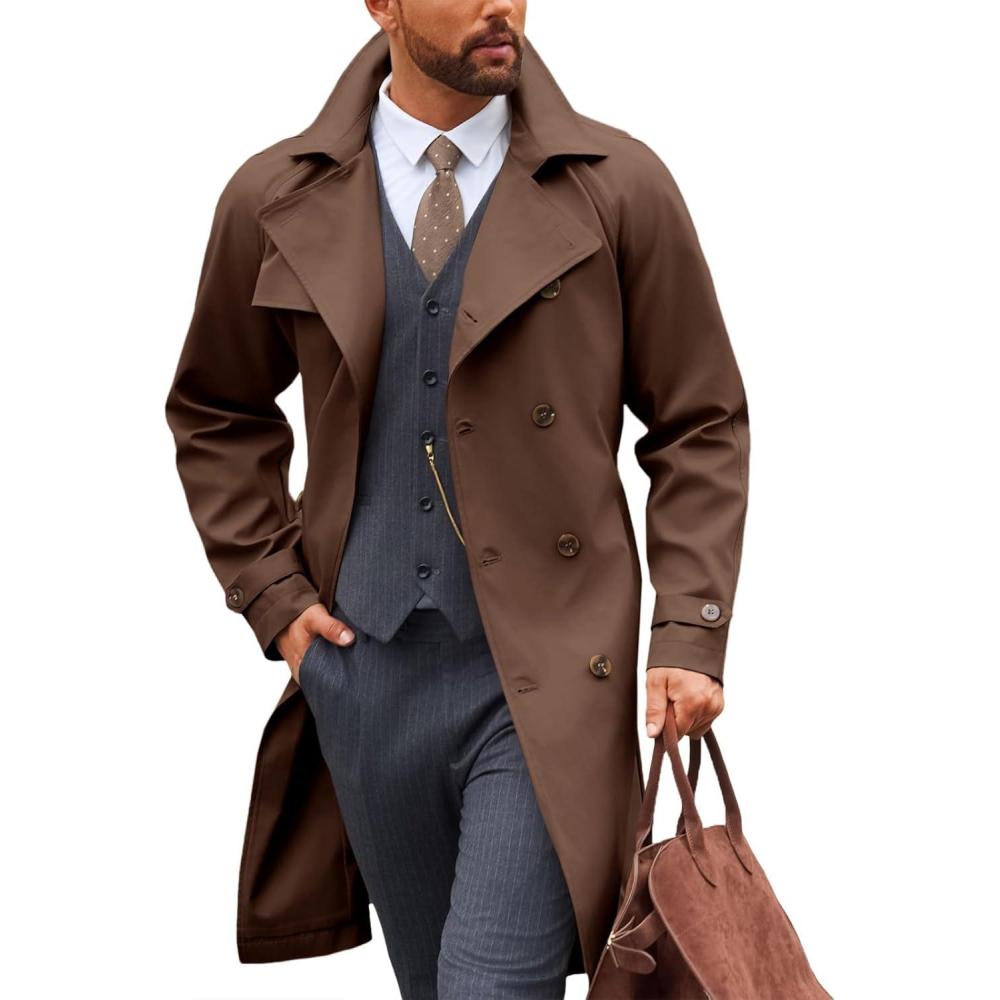 imageRuncati Mens Trench Coat Double Breasted Notched Lapel Casual Belted Windbreaker Fall Classic Long Jacket OvercoatBrown