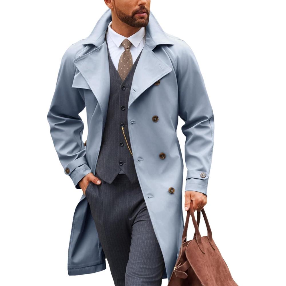 imageRuncati Mens Trench Coat Double Breasted Notched Lapel Casual Belted Windbreaker Fall Classic Long Jacket OvercoatGrey