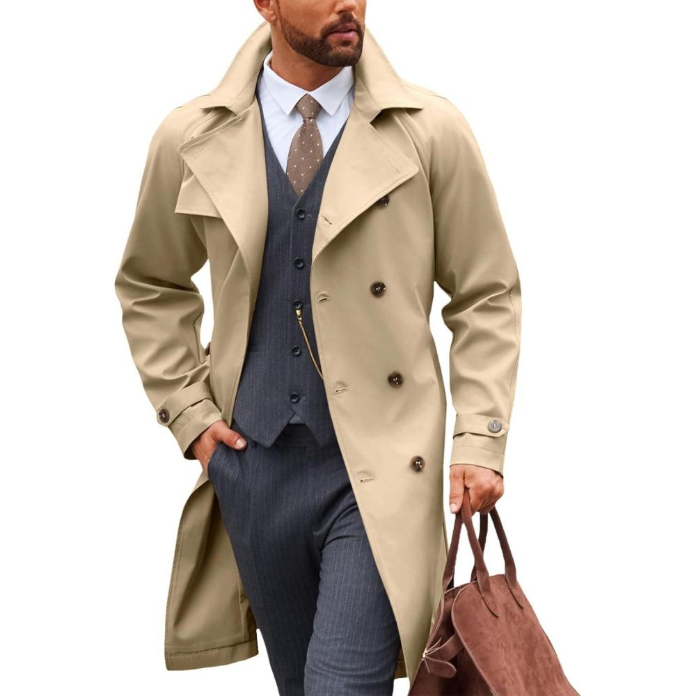 imageRuncati Mens Trench Coat Double Breasted Notched Lapel Casual Belted Windbreaker Fall Classic Long Jacket OvercoatKhaki