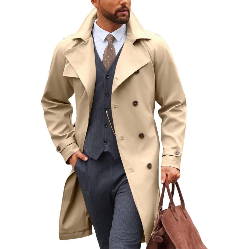 imageRuncati Mens Trench Coat Double Breasted Notched Lapel Casual Belted Windbreaker Fall Classic Long Jacket OvercoatLight Khaki