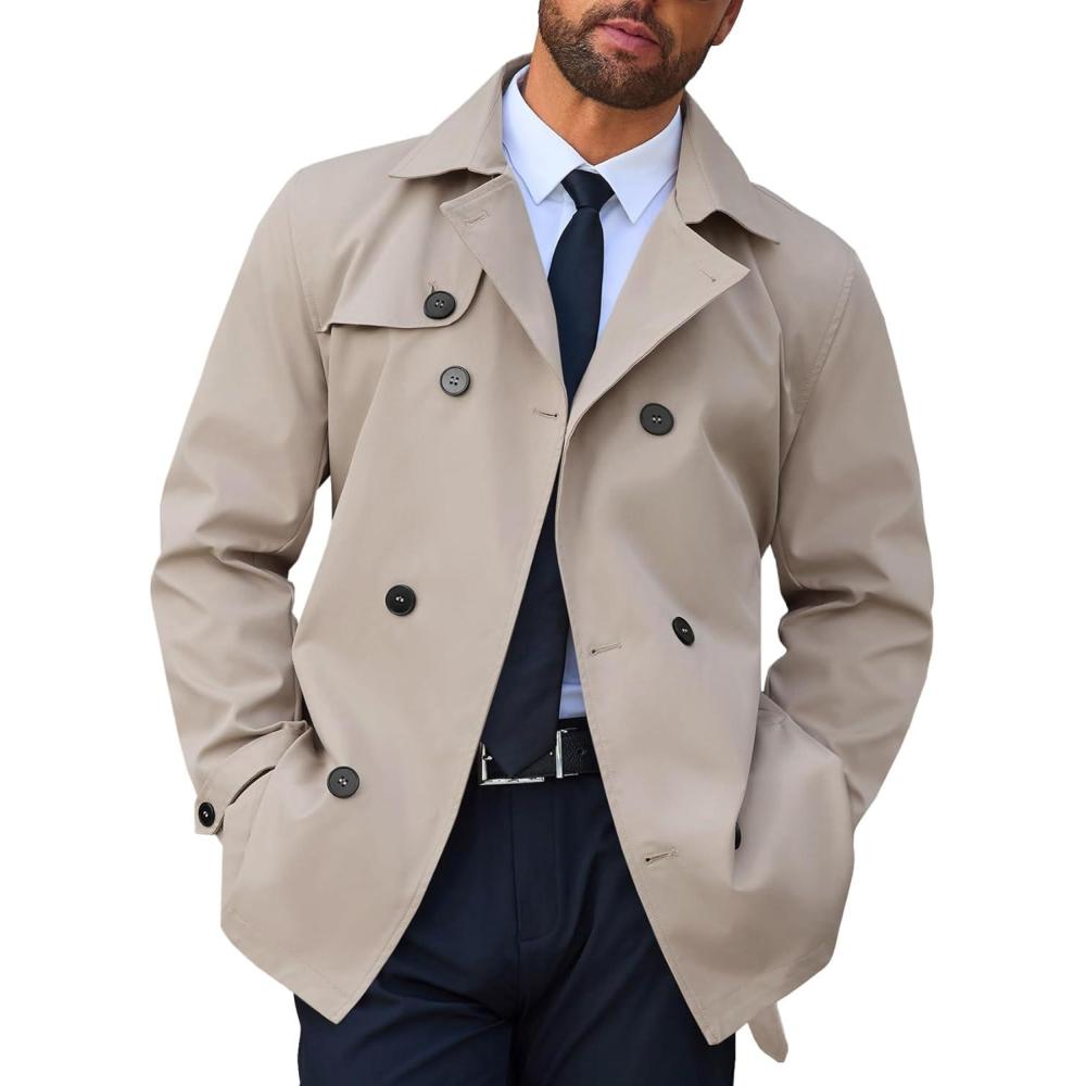 imageRuncati Mens Trench Coat Double Breasted Notched Lapel Jacket Casual Belted Windbreaker OvercoatApricot