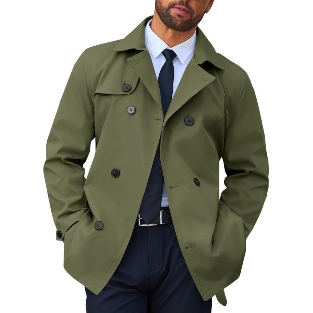 imageRuncati Mens Trench Coat Double Breasted Notched Lapel Jacket Casual Belted Windbreaker OvercoatArmy Green