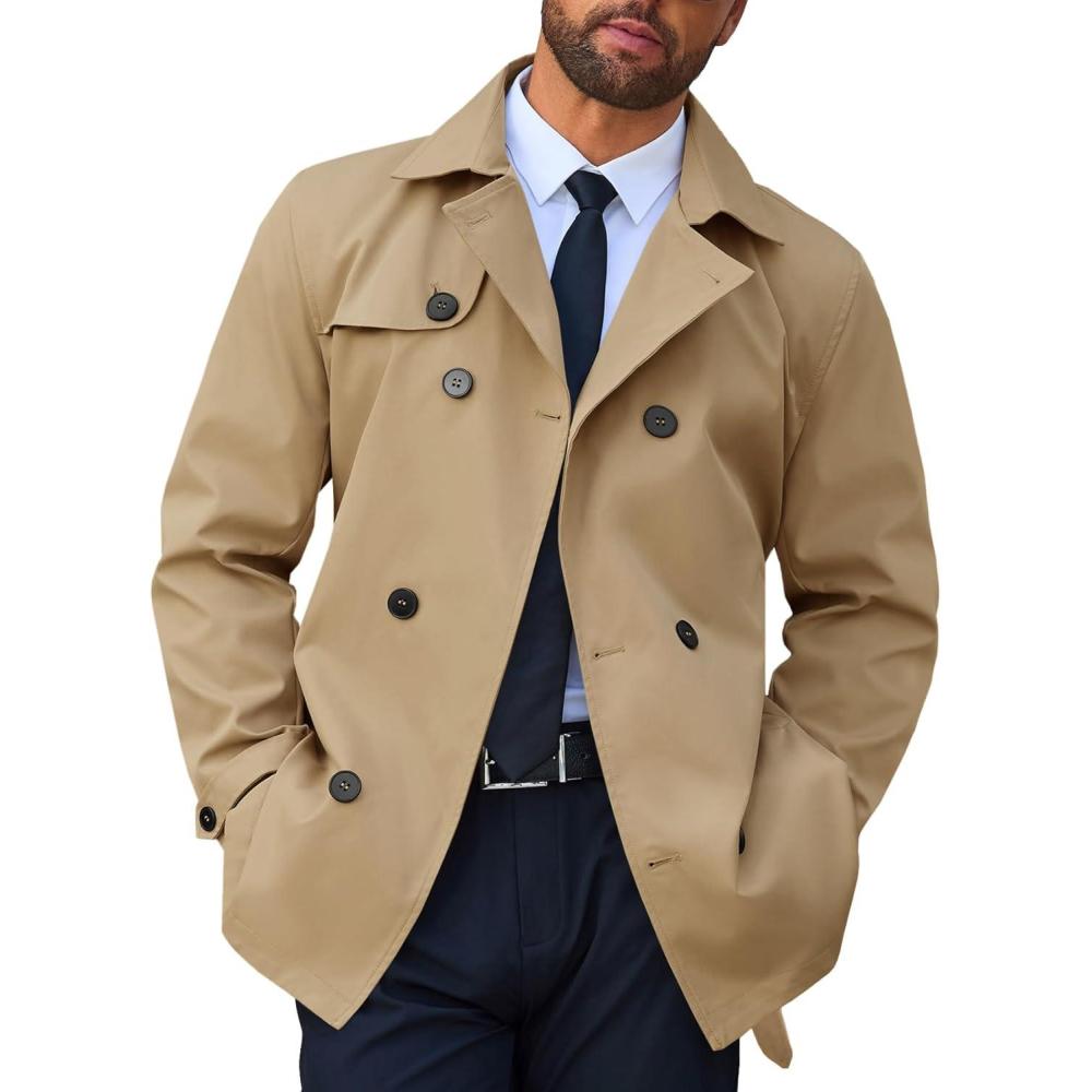 imageRuncati Mens Trench Coat Double Breasted Notched Lapel Jacket Casual Belted Windbreaker OvercoatKhaki