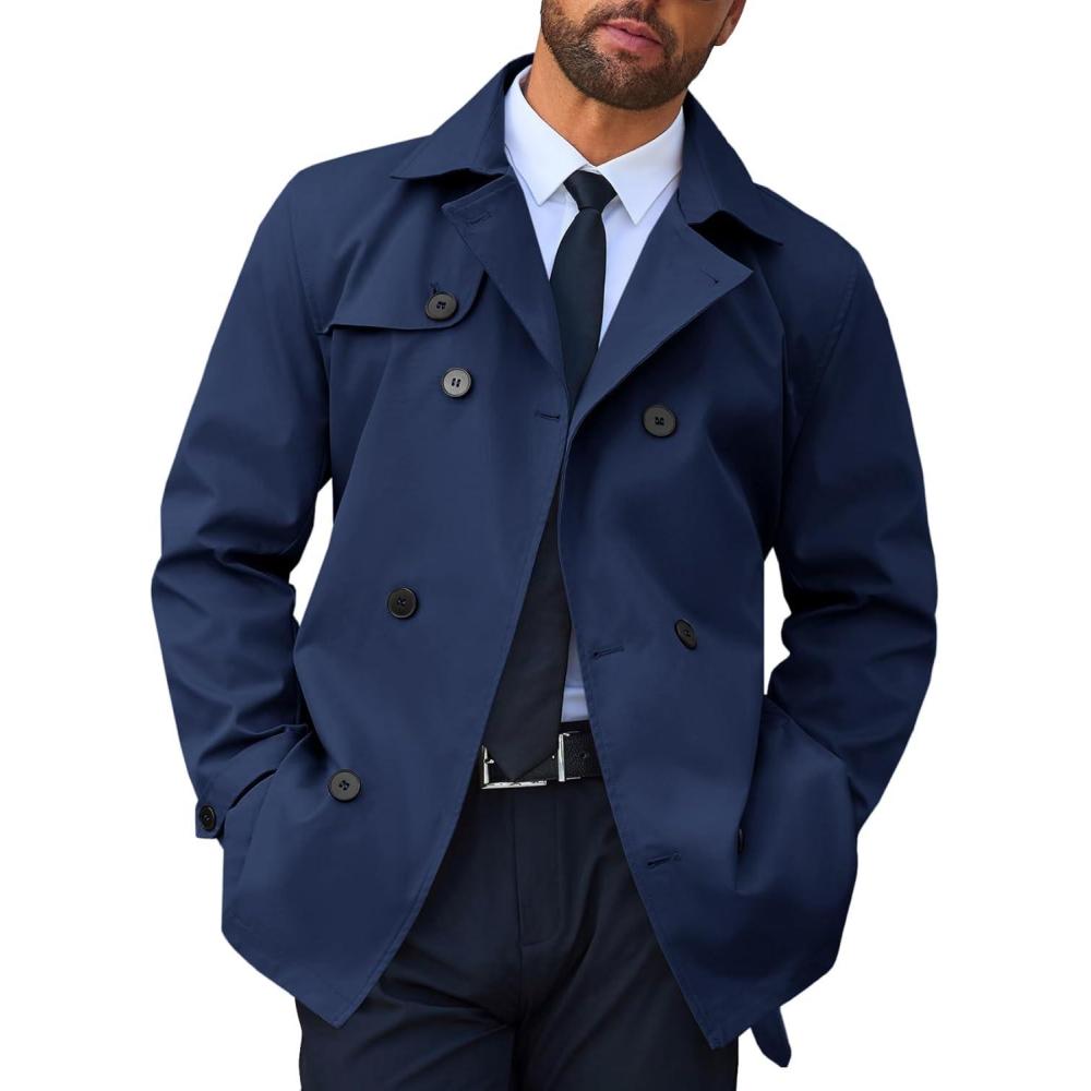 imageRuncati Mens Trench Coat Double Breasted Notched Lapel Jacket Casual Belted Windbreaker OvercoatNavy