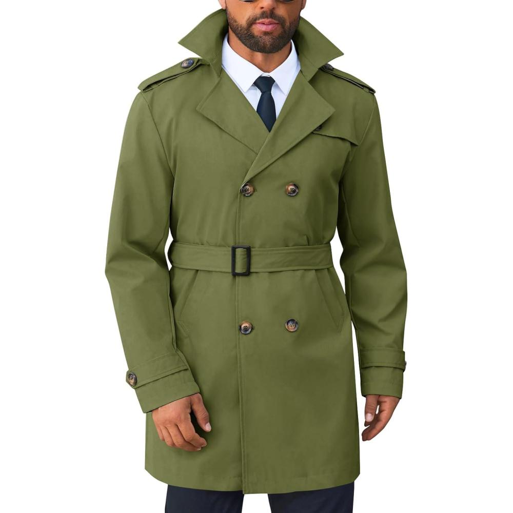 imageRuncati Mens Trench Coat Double Breasted Notched Lapel Long Jacket Belted Windbreaker Casual Slim Fit OvercoatArmy Green