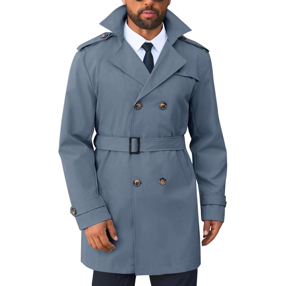 imageRuncati Mens Trench Coat Double Breasted Notched Lapel Long Jacket Belted Windbreaker Casual Slim Fit OvercoatBluish Gray