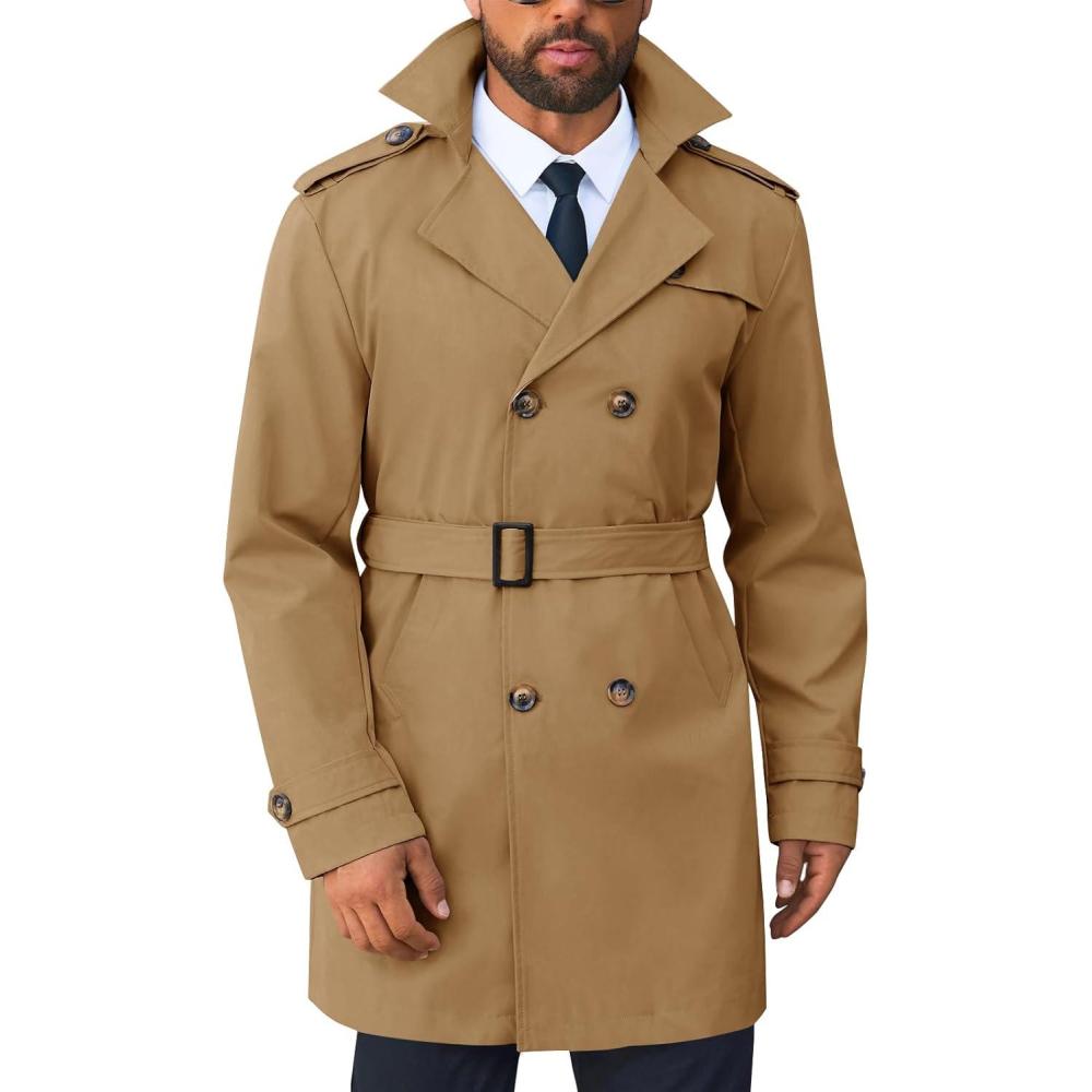 imageRuncati Mens Trench Coat Double Breasted Notched Lapel Long Jacket Belted Windbreaker Casual Slim Fit OvercoatCamel