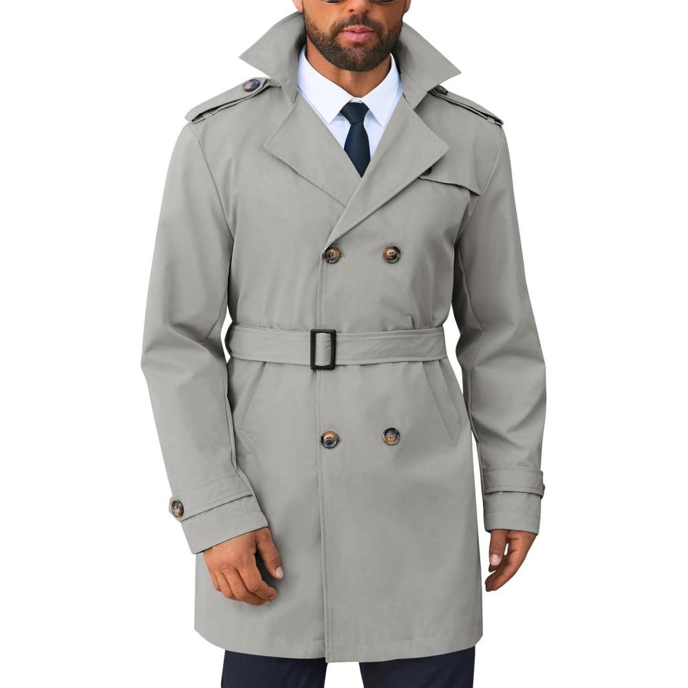 imageRuncati Mens Trench Coat Double Breasted Notched Lapel Long Jacket Belted Windbreaker Casual Slim Fit OvercoatGrey