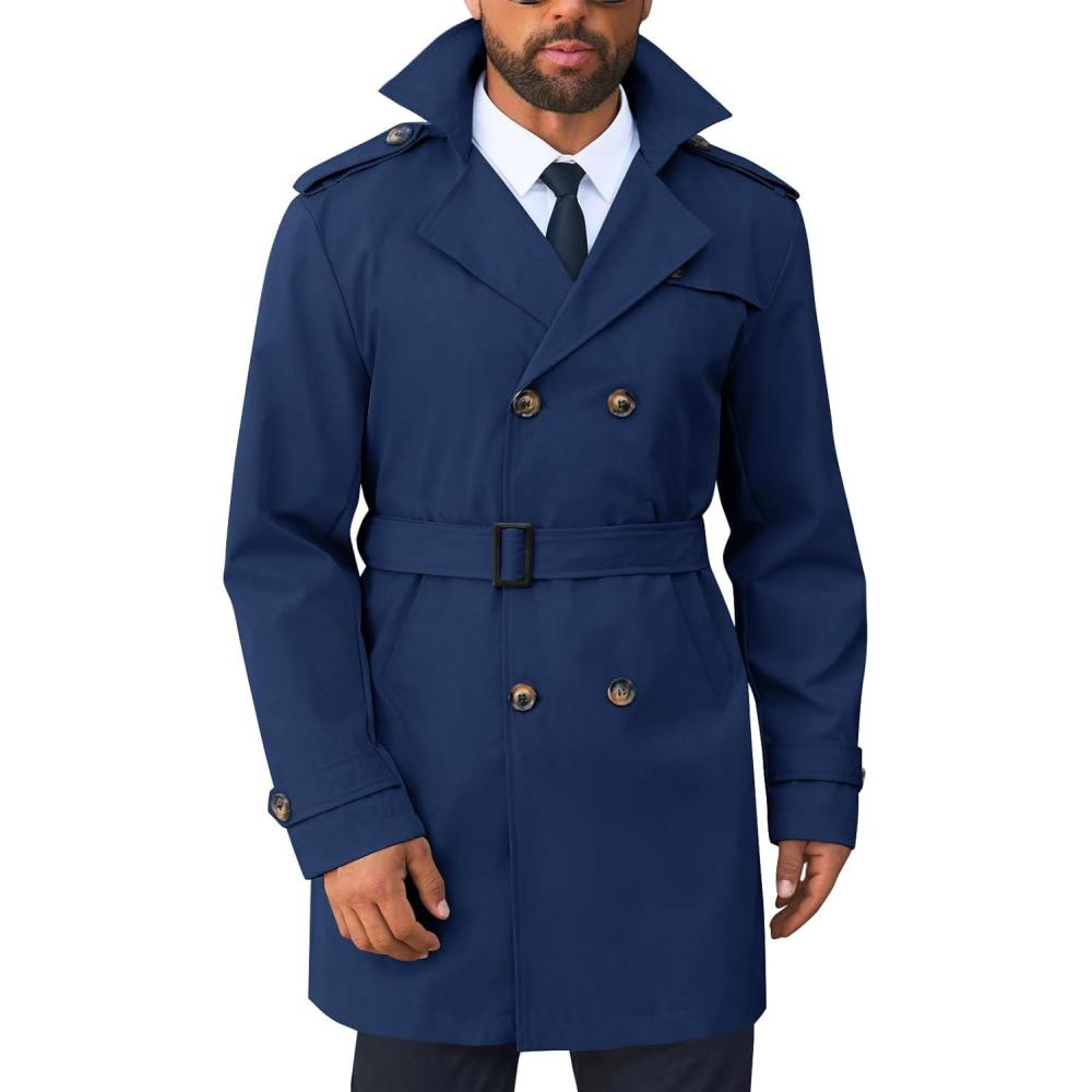 imageRuncati Mens Trench Coat Double Breasted Notched Lapel Long Jacket Belted Windbreaker Casual Slim Fit OvercoatNavy