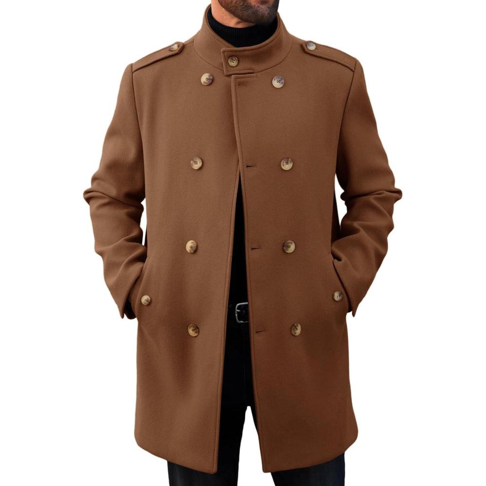 imageRuncati Mens Trench Coat Double Breasted Stand Collar Pea Coat Casual Fall Winter Warm Mid Long OvercoatBrown