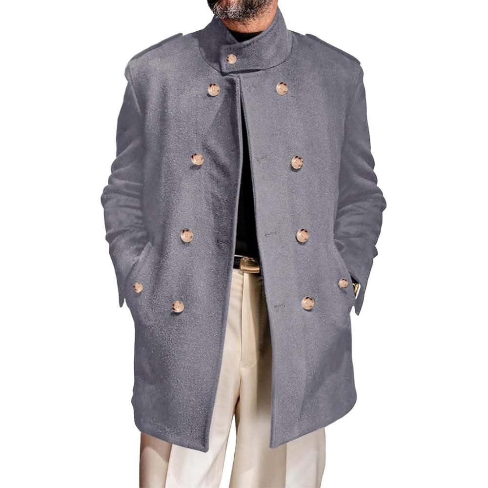 imageRuncati Mens Trench Coat Double Breasted Stand Collar Pea Coat Casual Fall Winter Warm Mid Long OvercoatLight Grey